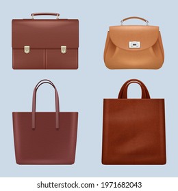 Leather bags. Vintage business briefcase handing luxury brown bags fashioned accessories for men and women decent vector realistic illustrations