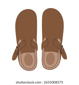 Couro bege sandálias birkenstocks isolado em branco fundo vista superior. Sapatos de verão unisex, chinelos de couro genuíno com solas de cortiça. Elegante moda de verão calçado plana vetor ilustração.