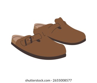 Couro bege sandálias birkenstocks isolado em branco fundo vista superior. Sapatos de verão unisex, chinelos de couro genuíno com solas de cortiça. Elegante moda de verão calçado plana vetor ilustração.