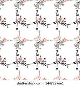 Leather belt cross rope seamless pattern. Baroque fabric design. Vintage floral sketch seamless pattern on white background. Flowers on belts, nature and art.