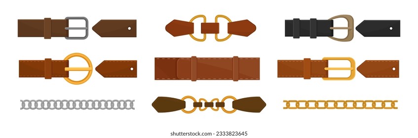 Leather Belt with Metal Buckle and Chain Vector Set