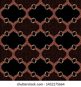 Leather belt with metal gold rings grid on black background. Velour fashion illustration in luxury style. Abstract patern for textile, fabric, material ,wrapping paper, wallpaper design.