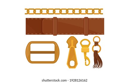Leather Belt, Metal Zipper Puller and Buckle Isolated on White Background Vector Set svg