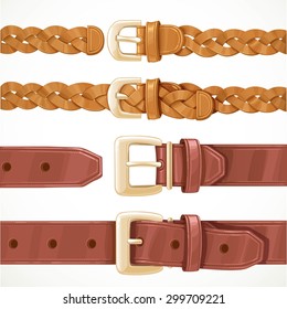 Leather belts with buckles buttoned and unbuttoned variants isolated on white background set 1