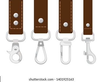 Leather belts with carabine clasp collection vector. Hook accessory for link illustration