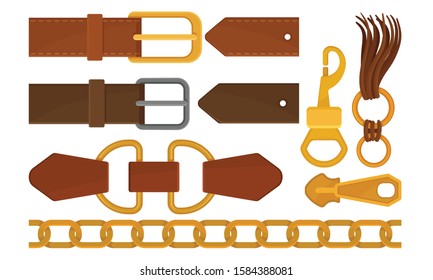 Leather Belts, Chain, Metal Buckles and Steel Trinkes Collection, Garments Fashion Accessories Vector Illustration