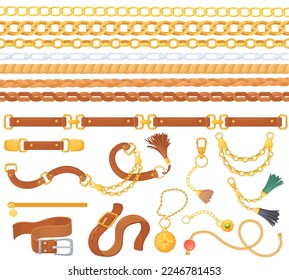 Leather belts and chains. Belt and chain ornament and braid fashion accessories, fabric design elements weave embroidery vintage fringe jewelry bracelet pendant buckle, neat vector illustration