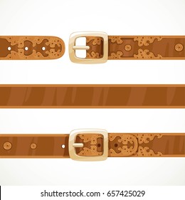 Leather belts with embroidery buttoned, unbuttoned and seamless middle part isolated on white background