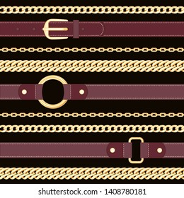 Leather belts and golden chains on  black background seamless pattern. Vector illustration of accessories in cartoon flat style.