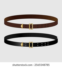 Leather Belts Illustration – Brown and Black Belts with Rectangular Gold Buckles and Decorative Details