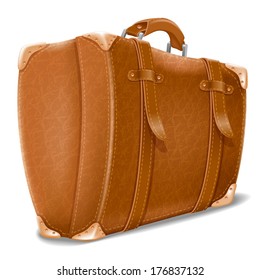 Leather big travel suitcase. Detailed and isolated on white background