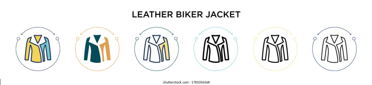 Icono de la chaqueta de biker de cuero con estilo relleno, delgado, contorno y trazo. Ilustración vectorial de dos modelos vectores de chaqueta de biker de cuero negro y de color se pueden utilizar para móviles, ui, web