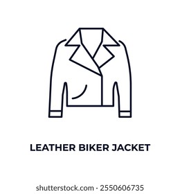 ícone de contorno de jaqueta de couro. Vetor linear do conceito de roupas. Linha fina de couro ícone de jaqueta de motociclista isolado no fundo branco