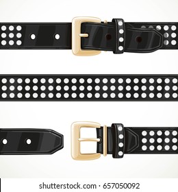 Leather black belt with rivets buttoned, unbuttoned and seamless middle part isolated on white background