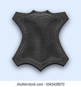 Leather black realistic stitched label. Textured tag with shadow. Vector illustration