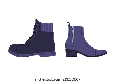 Leather Blue Boot with Heel as Seasonal Shoe and Casual Footwear Vector Set