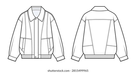 Leather Bomber Jacket Technical Fashion Illustration. Hidden Zipper Jacket with Covered Placket, Welt Pockets and rib knit waistband Vector Template. Front and Back View. Unisex Apparel. CAD Mockup.