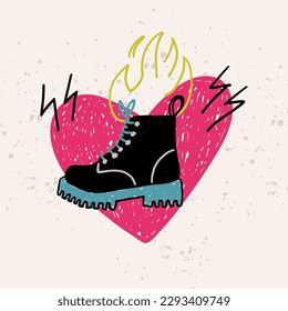 Leather boots and fire. Punk music card. Hand drawn rock sticker. Grunge emblem, poster or print doodle drawing. Vintage or modern clothes 90s style. Colorful cartoon flat isolated vector illustration