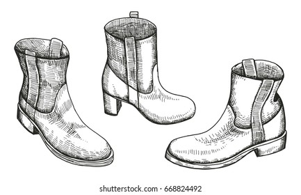 Leather boots. Hand drawing sketch vector