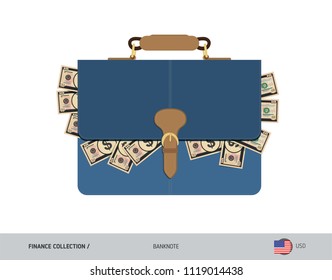 Leather briefcase with 10 US Dollar Banknotes. Flat style vector illustration. Salary payout or corruption concept.