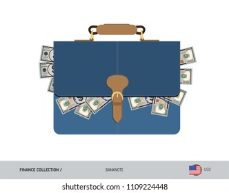 Leather briefcase with 100 US Dollar Banknotes. Flat style vector illustration. Salary payout or corruption concept.