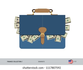 Leather briefcase with 20 US Dollar Banknotes. Flat style vector illustration. Salary payout or corruption concept.