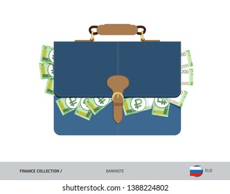 Leather briefcase with 200 Russian Ruble banknotes. Flat style vector illustration. Salary payout or corruption concept.