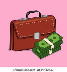 Negocio de maletín de cuero y pila de dibujos animados de diseño de Ilustración vectorial de dinero