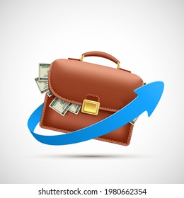 Leather briefcase with dollar paper money. Business success and stock exchange. Vector icon.