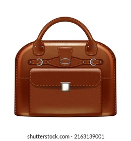 Leather Briefcase Female Brown Bag. Handle Suitcase. Office Case. Business Baggage. Satchel Portfolio Vector, Illustration, 3d, Realistic, Realism