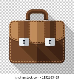 Leather briefcase icon in flat style with long shadow on transparent background