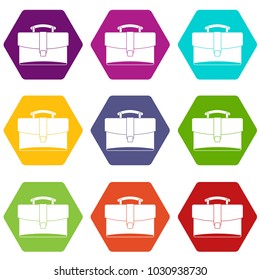 Leather briefcase icon set many color hexahedron isolated on white vector illustration