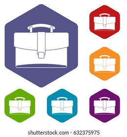 Leather briefcase icons set hexagon isolated vector illustration