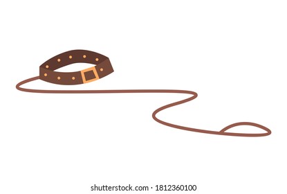 Leather brown animal strap with a leash. Accessory for the dog. Walk your pet. Leash with iron eyelets and a clasp for animals. Doggy leather belt collar isolated on white background. Training belt