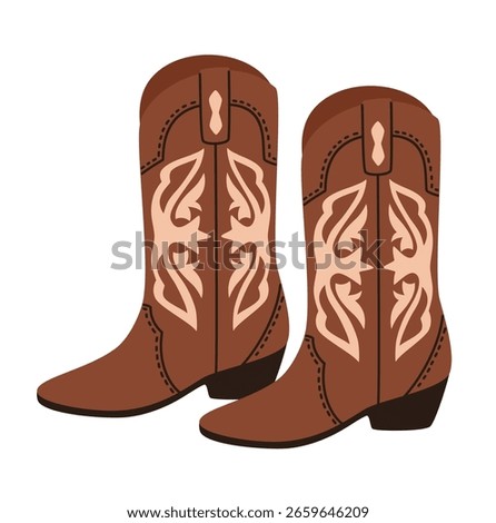 Leather brown cowboy boots. Flat vector illustration.