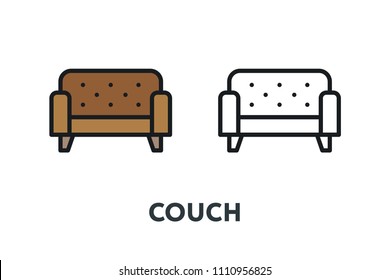 Leather Brown Sofa Couch Bed. Interior Furniture Concept. Minimal Color Flat Line Outline Stroke Icon.