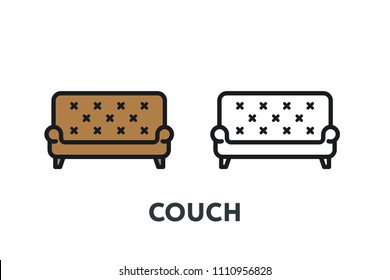 Leather Brown Sofa Couch Bed. Interior Furniture Concept. Minimal Color Flat Line Outline Stroke Icon.