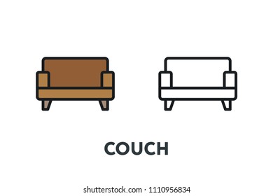 Leather Brown Sofa Couch Bed. Interior Furniture Concept. Minimal Color Flat Line Outline Stroke Icon.