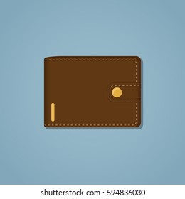 Leather brown wallet with gold snap and stroke on a blue background. A mixture of realistic and flat style with shadow. Business or money concept item.