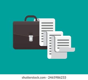 Leather business briefcase and big long document sheet. Office contracts, agreements, reports. Bag of lawyer with docs and forms. Vector illustration in flat style