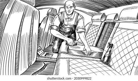 Leather Car Seat. Auto Detailing. Dry Cleaning Auto. Stylish Interior. Vehicle Service Or Automobile Center. Repair Garage. A Man Vacuuming The Interior. Hand Drawn Sketch Line. Custom Covers