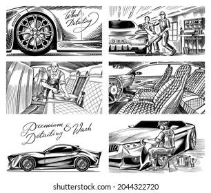 leather car seat. Auto detailing. Dry cleaning motor. Wrapping Specialist Putting Vinyl Foil Film. Vehicle service or Automobile center. A man vacuuming the interior. Hand drawn sketch line. 