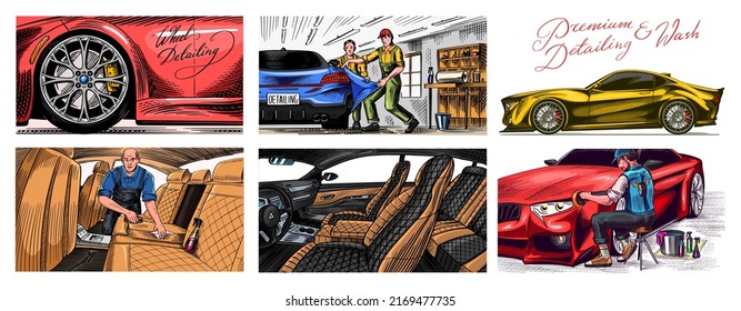 Leather Car Seat. Auto Detailing. Dry Cleaning Motor. Wrapping Specialist Putting Vinyl Foil Film. Vehicle Service Or Automobile Center. A Man Vacuuming The Interior. Hand Drawn Sketch Line. 