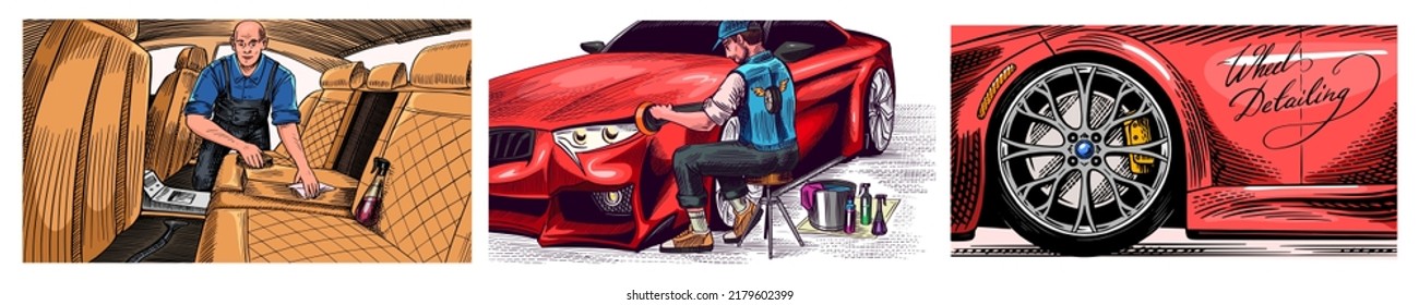 Leather Car Seat. Auto Detailing. Dry Cleaning Motor. Wrapping Specialist Putting Vinyl Foil Film. Vehicle Service Or Automobile Center. A Man Vacuuming The Interior. Hand Drawn Sketch Line. 