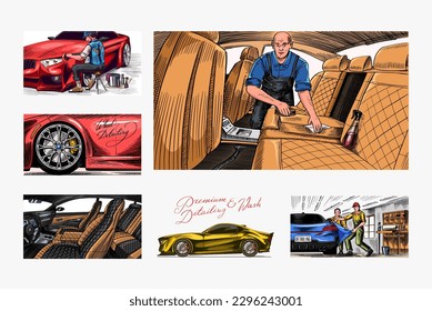 leather car seat. Auto detailing. Dry cleaning motor. Wrapping Specialist Putting Vinyl Foil Film. Vehicle service or Automobile center. A man vacuuming the interior. Hand drawn sketch line. 
