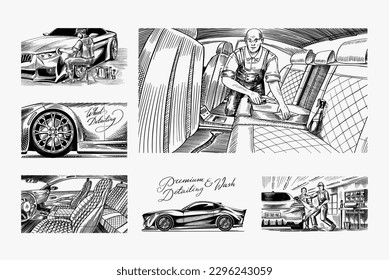 leather car seat. Auto detailing. Dry cleaning motor. Wrapping Specialist Putting Vinyl Foil Film. Vehicle service or Automobile center. A man vacuuming the interior. Hand drawn sketch line. 