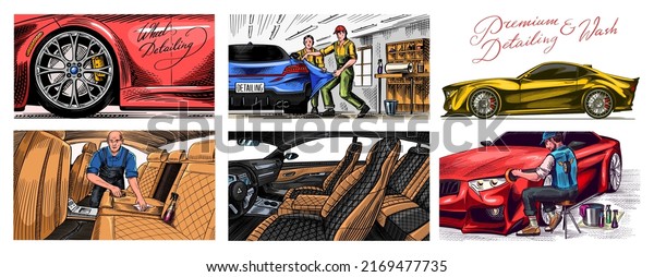 leather car seat. Auto detailing. Dry cleaning motor.
Wrapping Specialist Putting Vinyl Foil Film. Vehicle service or
Automobile center. A man vacuuming the interior. Hand drawn sketch
line. 