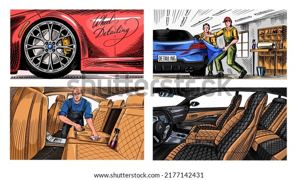 leather car seat. Auto detailing. Dry cleaning motor.\
Wrapping Specialist Putting Vinyl Foil Film. Vehicle service or\
Automobile center. A man vacuuming the interior. Hand drawn sketch\
line. 