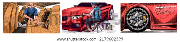 leather car seat. Auto detailing. Dry cleaning motor.\
Wrapping Specialist Putting Vinyl Foil Film. Vehicle service or\
Automobile center. A man vacuuming the interior. Hand drawn sketch\
line. 