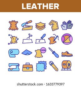 Leather Cloth Material Collection Icons Set Vector. Leather Shoe And Bag, Belt And Gloves, Knife And Scissors, Sewed Needle With Thread Concept Linear Pictograms. Color Contour Illustrations